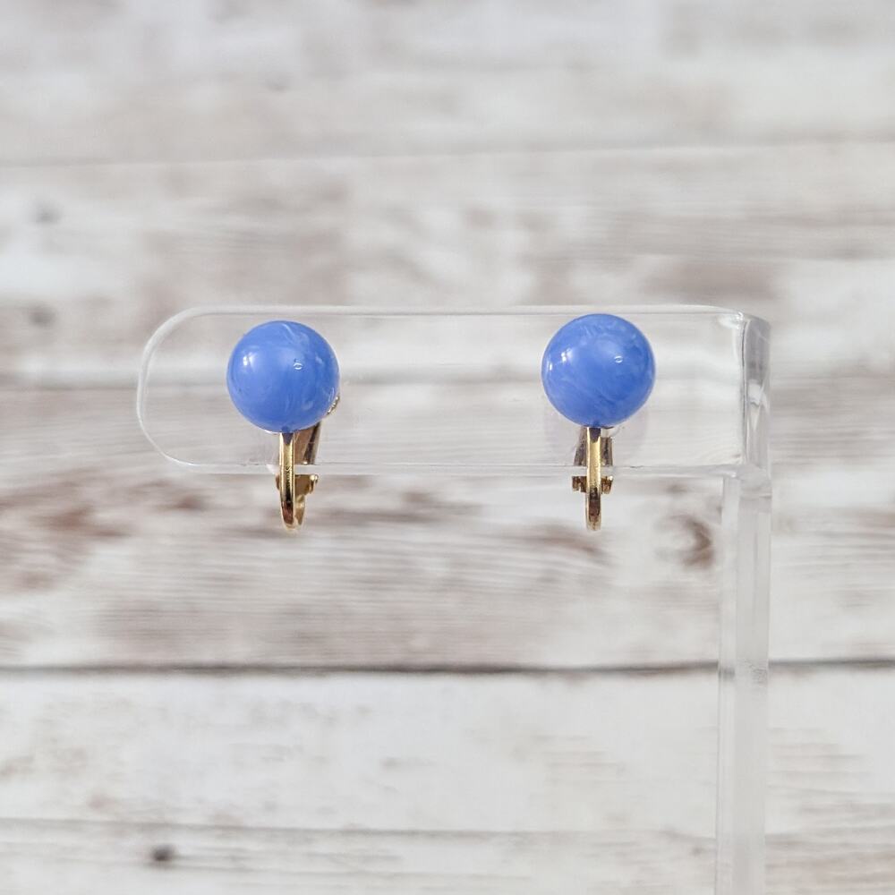 Vintage Clip On Earrings 3/8" Retro Blue Ball
